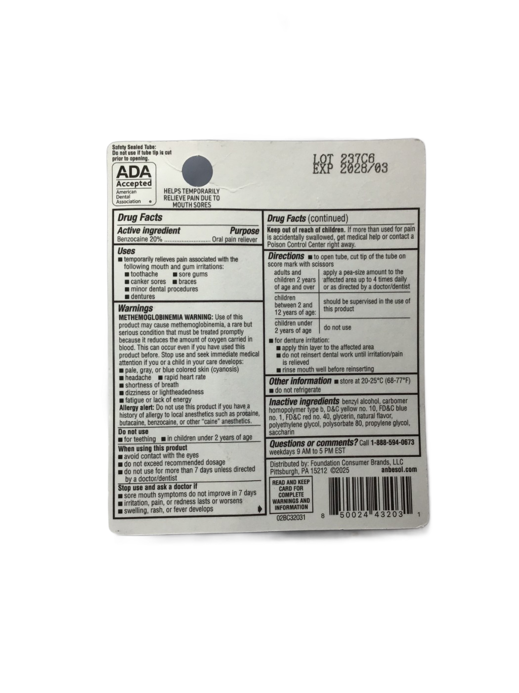 Anbesol Anbesol Maximum Strength Oral Pain Reliever Benzocaine 20% Gel, 0.33 oz, photo 2