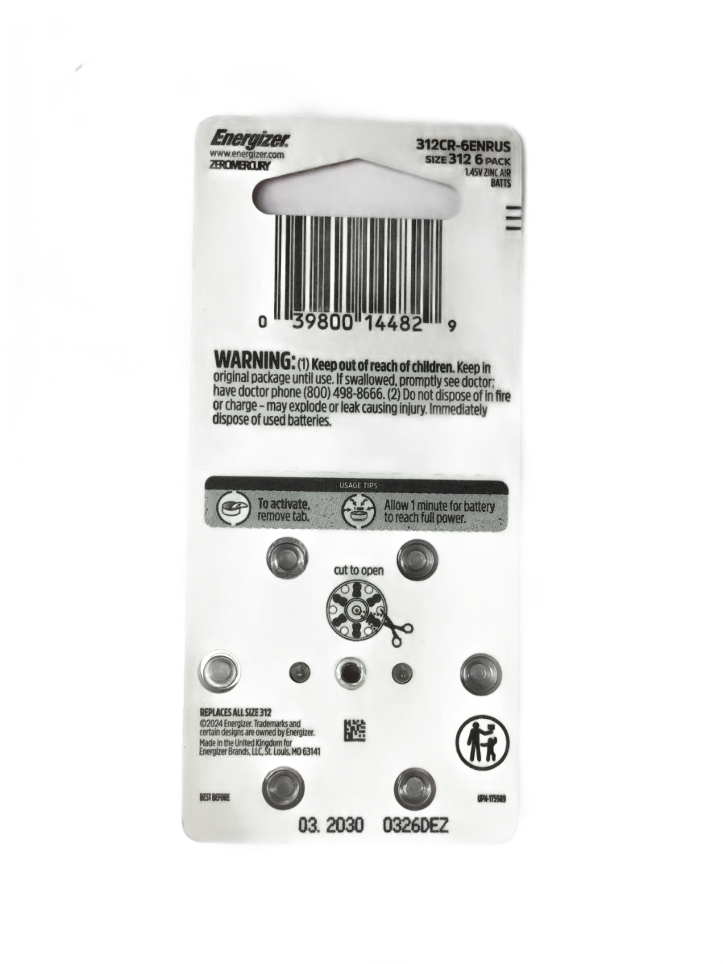 Energizer Energizer 312 Size Zinc Air Hearing Aid Batteries, 6 ct, photo 2