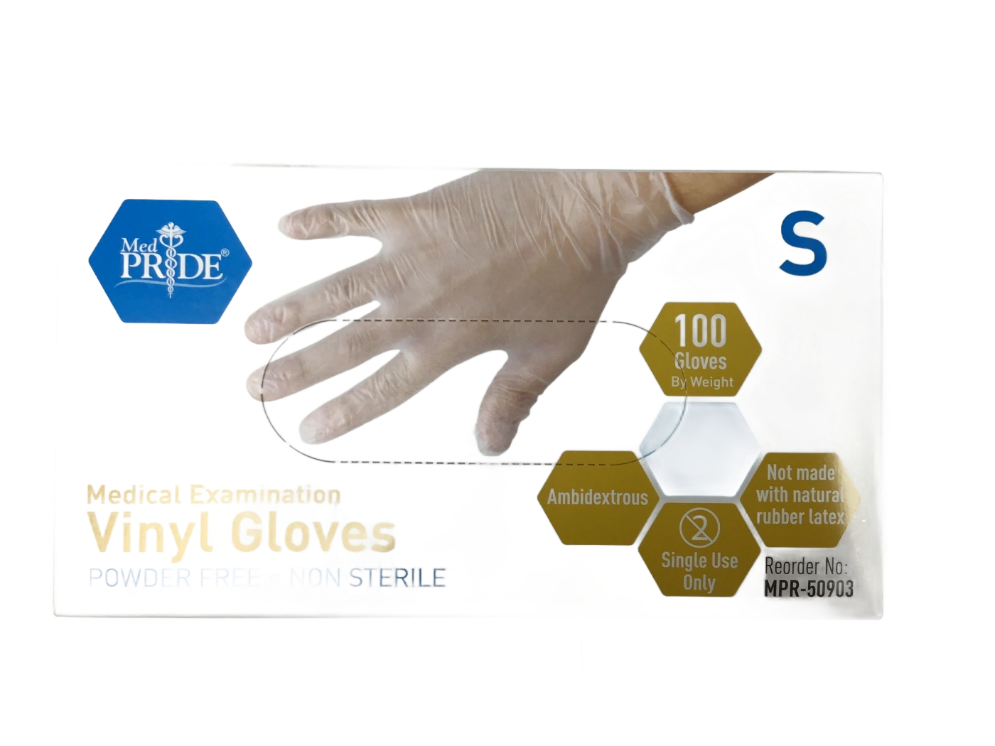 Med Pride Med Pride Medical Examination Vinyl Gloves, Powder Free, Non Sterile, Small, 100 ct, photo 1