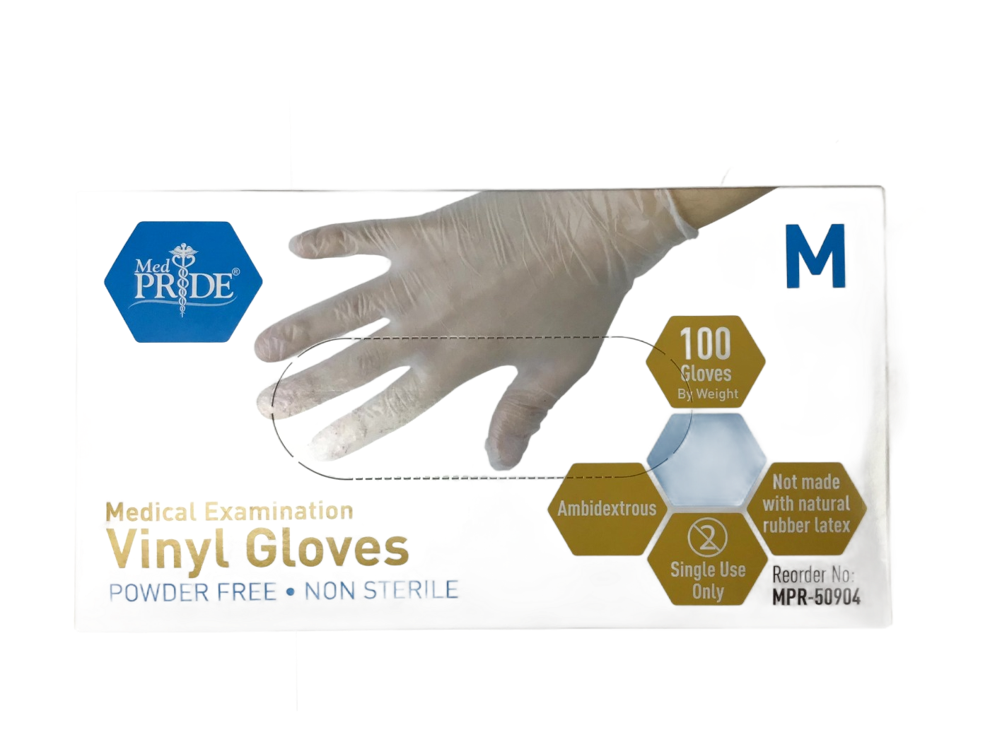 Med Pride Med Pride Medical Examination Vinyl Gloves, Powder Free, Non Sterile, Medium, 100 ct, photo 1