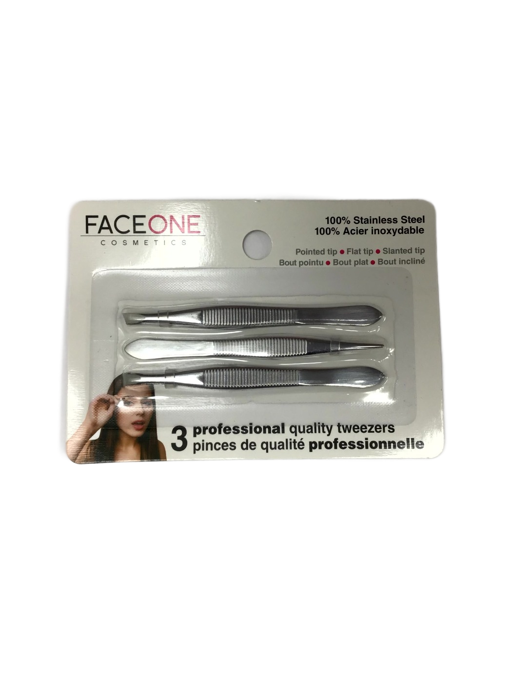 FaceOne Cosmetics FaceOne Cosmetics Professional Quality Tweezers, Pointed, Flat & Slanted Tips, 3 ct, photo 1