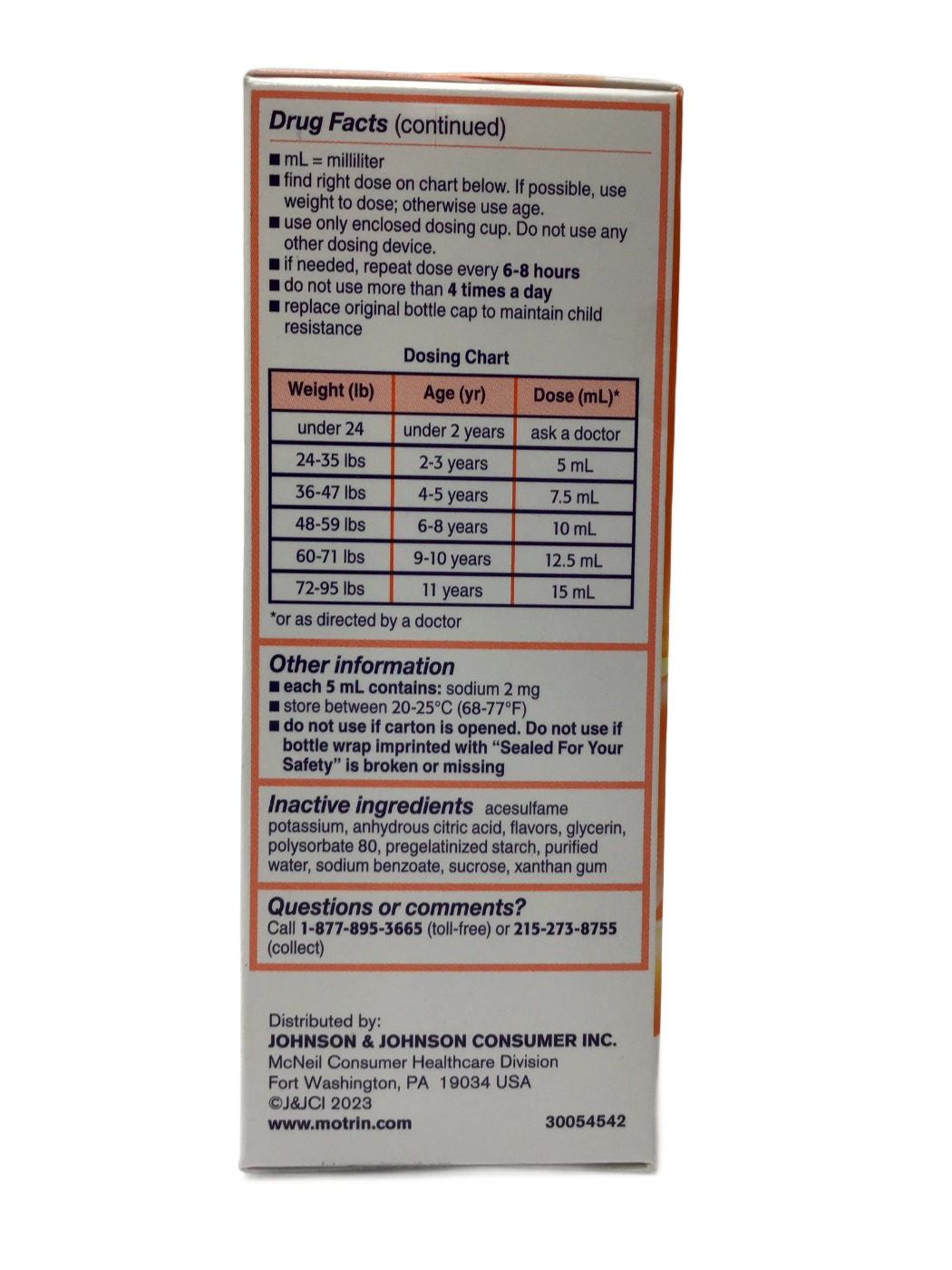 Motrin Motrin Children's Ibuprofen Oral Suspension (NSAID) 100 mg per 5 mL Dye-Free Original Berry Flavor, 4 fl oz, photo 3