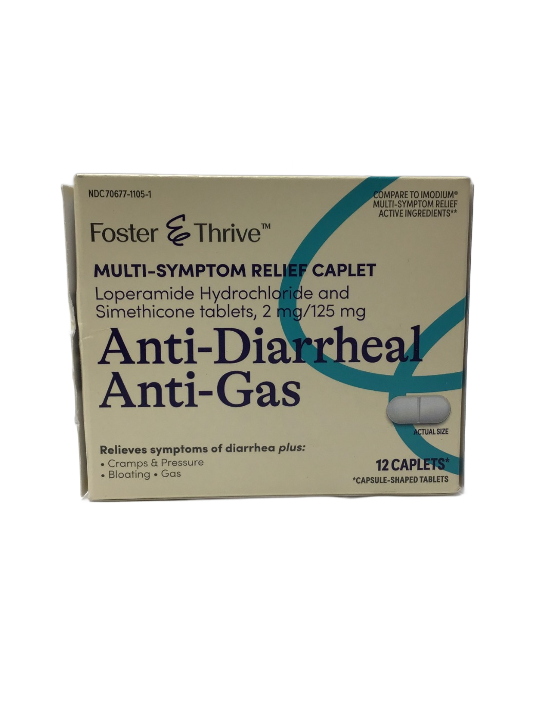 Foster & Thrive Foster & Thrive Anti-Diarrheal Anti-Gas Multi-Symptom Relief Caplet, Loperamide Hydrochloride and Simethicone tablets, 2 mg/125 mg, 12 ct