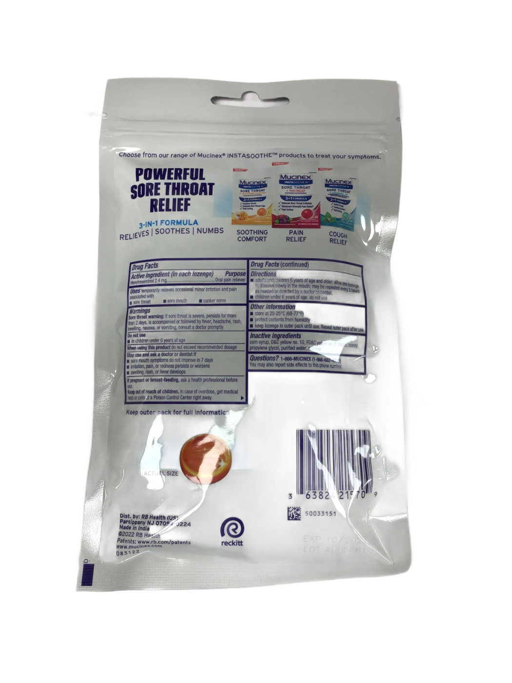 Mucinex Mucinex InstaSoothe Sore Throat + Soothing Comfort Hexylresorcinol 2.4 mg Honey & Echinacea Flavor, 20 ct, photo 2
